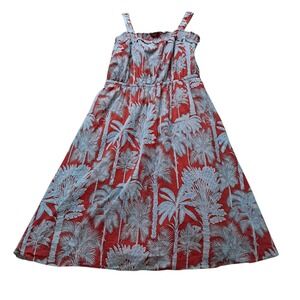 Talbots Dress Women's 14 Midi Oasis Palm Fit Flare Orange Blue Tropical Vacation